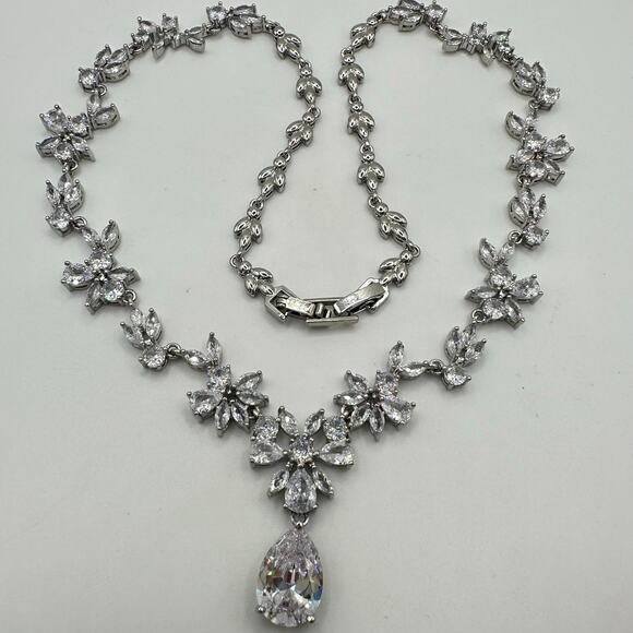 Silver tone rhodium plated clear CZs cubic zirconia formal drop necklace - Picture 2 of 8